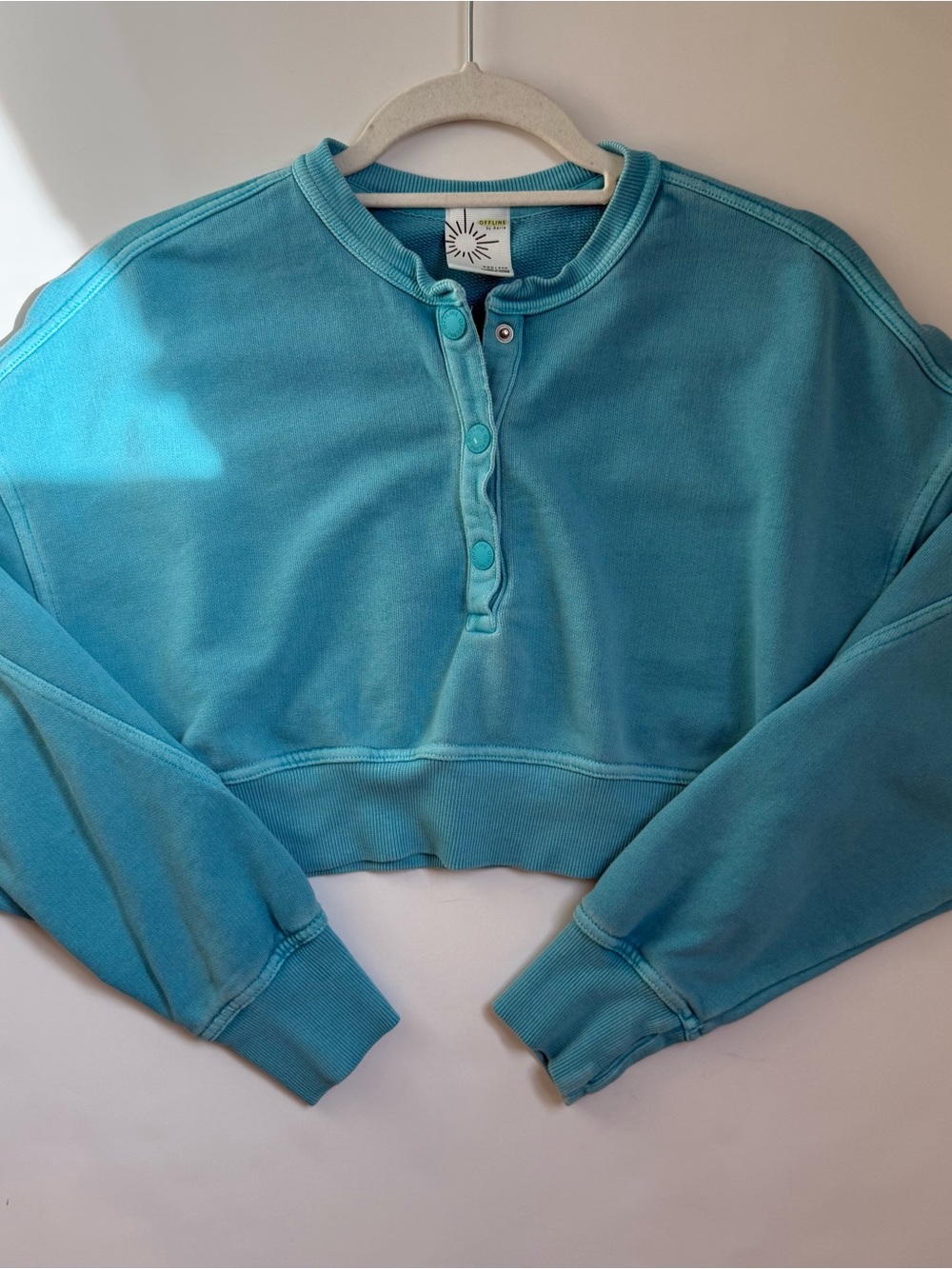 Aerie Cropped Henley Sweater Womens Size XXS TTP Aqua Blue Pullover Offline